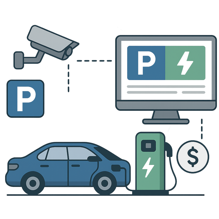 Illustration af et overvågningskamera, et parkeringsskilt, en elbil ved en ladestander med et betalingsikon og en computerskærm med parkerings- og lade-symboler, forbundet med stiplede linjer.