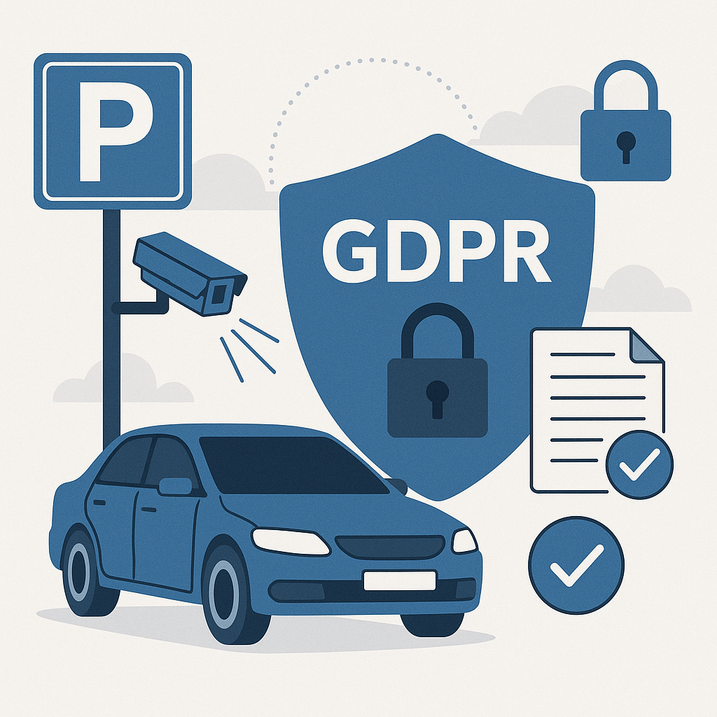 Illustration af en parkeret blå bil under et P-skilt med kameraovervågning, et stort skjold med teksten “GDPR” og en hængelås samt et dokument med flueben, der symboliserer databeskyttelse.