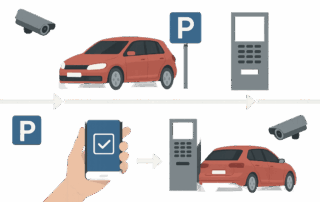 Grafisk illustration i to rækker: øverst en rød bil parkeret under et parkeringsskilt med et overvågningskamera til venstre og en betalingsautomat til højre, forbundet med pile; nederst et parkeringsskilt, en hånd der holder en smartphone med et flueben på skærmen, pil til en betalingsautomat og pil til en rød bil parkeret under et andet overvågningskamera.