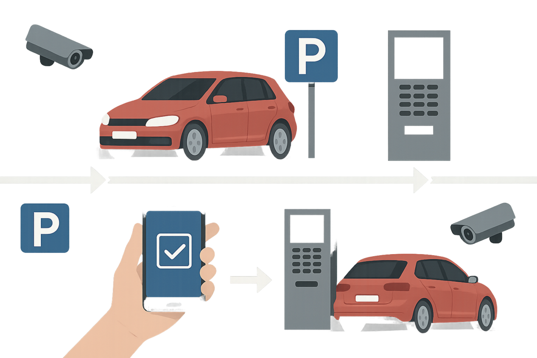 Grafisk illustration i to rækker: øverst en rød bil parkeret under et parkeringsskilt med et overvågningskamera til venstre og en betalingsautomat til højre, forbundet med pile; nederst et parkeringsskilt, en hånd der holder en smartphone med et flueben på skærmen, pil til en betalingsautomat og pil til en rød bil parkeret under et andet overvågningskamera.