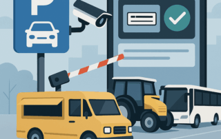 Flad vektorillustration af en parkeringsplads med et blåt P-skilt, et overvågningskamera, en bom og tre parkerede køretøjer (varevogn, traktor og bus) foran en stor digital skærm med et flueben.
