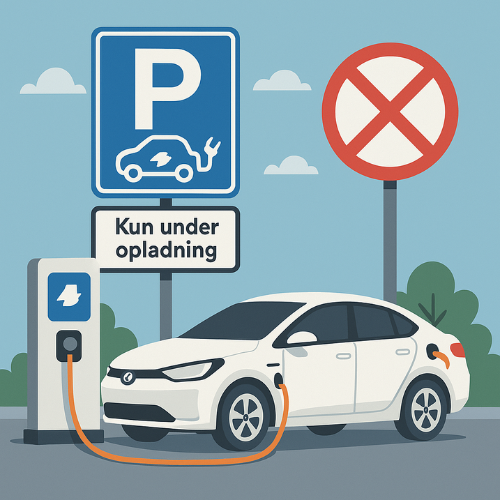 Hvid elbil tilsluttet en ladestander på en parkeringsplads med et blåt P-skilt, et skilt med teksten "Kun under opladning" og et rødt forbudsskilt i baggrunden.
