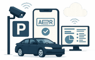 Illustration af en bil parkeret ved et P-skilt under et overvågningskamera, forbundet trådløst til en smartphone med teksten “AER” og flueben, en computerskærm med grafer og et sky-ikon, der symboliserer en cloud-baseret parkeringsløsning.