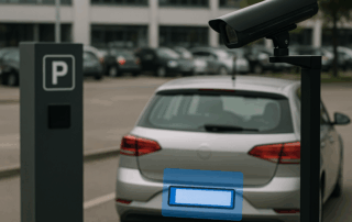 Et sort overvågningskamera monteret på en søjle peger mod en sølvgrå bil parkeret ved en betalingsstander på en parkeringsplads foran en kontorbygning.