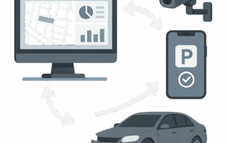 Illustration af et intelligent parkeringssystem med en parkeret bil i en parkeringsbås, forbundet med pile til en smartphone med parkerings-app (P-ikon og flueben), et overvågningskamera og en computerskærm, der viser et kort, cirkeldiagram og søjlediagram.