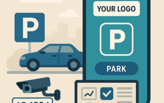 Illustration af en bil parkeret ved et P-skilt, et overvågningskamera der optager nummerplade “AB 1234”, en smartphone med en parkeringsapp og en bærbar computer med brugerprofil, grafer og et afkrydsningsfelt.