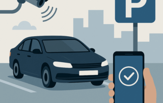 Illustration af en parkeret bil under et parkeringsskilt, en hånd der holder en smartphone med et flueben på skærmen, mens et overvågningskamera overvåger området.