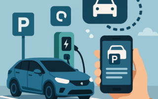 Illustration af en parkeret elbil ved en ladestand med en parkeringsskilt, mens en hånd holder en smartphone med en app, der viser bil- og parkeringsikoner.