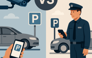 Illustration delt i to: til venstre ses en hånd, der holder en smartphone med parkeringsapp foran et parkeringsskilt og et overvågningskamera over en bil, markeret “Digital”; til højre ses en uniformeret parkeringsvagt med en håndholdt enhed ved siden af en bil og et parkeringsskilt, markeret “Fysisk”.
