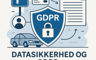 Grafisk illustration med et skjold mærket GDPR med en hængelås, ikoner for parkeringsskilt, bruger, betalingskort, dokument, bil og pile, med teksten "Datasikkerhed og GDPR – Digitale parkeringsløsninger hos oParkO"