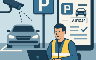 Illustration af en parkeringsplads med en bil parkeret ved et P-skilt, et overvågningskamera der scanner bilens nummerplade, en mand i refleksvest der arbejder ved en bærbar computer, og en stor mobilskærm der viser parkeringsinformation og nummerplade.