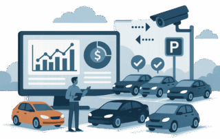 Digital illustration af en parkeringsplads med flere biler, én orange bil fremhævet, en person med clipboard står foran en stor skærm med grafer og et pengesymbol, et overvågningskamera over et parkeringsskilt og flueben over nogle af bilerne.