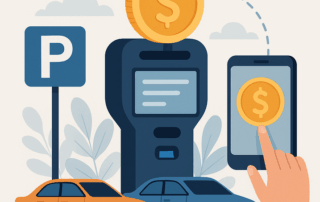 Illustration af to parkerede biler foran en parkeringsautomat med et P-skilt og et stort guldmønt-symbol på automaten, mens en hånd på en smartphone skærm trykker på et mønt-ikon for at betale.