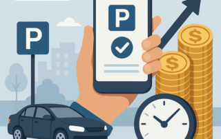 Illustration af en hånd, der holder en smartphone med en parkeringsapp, et parkeringsskilt og en bil i baggrunden, samt et ur, stabler af mønter og en opadgående pil, der symboliserer tid og omkostninger ved parkering.