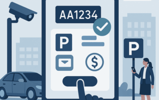 Illustration af en hånd, der trykker på en tablet med en parkeringsapp, der viser nummerplade AA1234, parkeringsikon, betalingsikon og et flueben, mens en bil holder parkeret under et overvågningskamera, og en kvinde med smartphone står ved et P-skilt foran bybygninger.