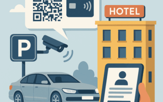 Illustration af en hånd, der holder en tablet med en profiltekst, foran en hotelbygning med skiltet “HOTEL”, en parkeret bil ved et P-skilt og et overvågningskamera, mens en taleboble viser en QR-kode og et symbol for kontaktløs betaling.