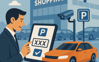 Mand i jakkesæt står ved en orange bil uden for et shoppingcenter og bruger en tablet med parkeringsapp til at registrere nummerpladen, mens et overvågningskamera og et parkeringsskilt ses i baggrunden.