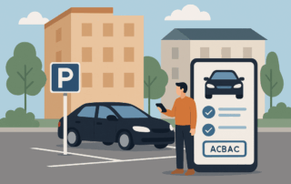 Illustration af en mand, der står ved en parkeringsplads foran en sort bil med et parkeringsskilt og bruger sin smartphone, mens et stort smartphone-display viser en bilgrafik, to afkrydsningsfelter og en nummerplade med teksten ACBAC, omgivet af bygninger, træer og en blå himmel med skyer.