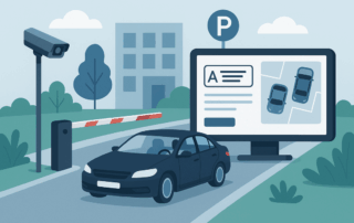 Illustration af en bil ved en parkeringsbarriere med overvågningskamera, P-skilt og en informationsskærm med kort og biler, omgivet af træer og en bygning.