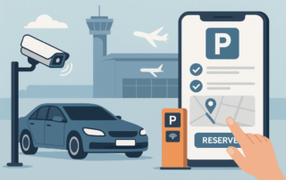 Illustration af en smartphone med en parkeringsapp, hvor en finger trykker på “RESERVER”, en parkeret bil foran en lufthavnsterminal med fly i baggrunden, et overvågningskamera og en parkeringsstander med P- og wifi-ikon.