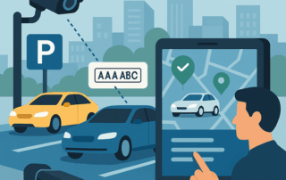 Illustration af en parkeringsplads med to parkerede biler, overvågningskameraer, aflæsning af en nummerplade og en person, der via en tablet ser bilens placering på et kort med markører.