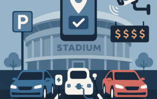 Tre biler parkeret foran et stadion; den midterste bil oplades ved en ladestander. Over dem er et parkeringsskilt, et smartphone-ikon med lokationsmarkør og flueben, et overvågningskamera og et skilt med dollar-tegn.