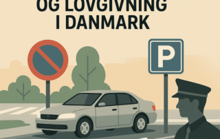 Illustration med overskriften "Generelle parkeringsregler og lovgivning i Danmark", der viser en bil parkeret mellem et parkeringsskilt og et forbudsskilt, mens en politibetjent holder en parkeringsbøde.