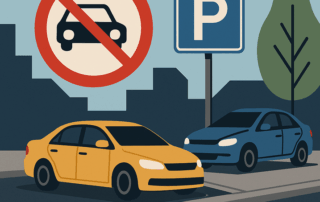 Illustration af en gade med to parkerede biler ved fortovet under et rødt forbudsskilt med bilsymbol og tværstreg samt et blåt parkeringsskilt med bogstavet P.