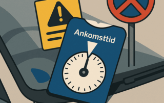 Tegnet illustration af en bils forrude med en parkeringsskive med teksten “Ankomsttid”, et gult advarselsskilt med udråbstegn og et rødt-blåt parkeringsforbudsskilt.
