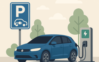 Illustration af en blå elbil parkeret ved en ladestander med tilsluttet ladekabel foran et parkeringsskilt for elbiler, omgivet af træer.