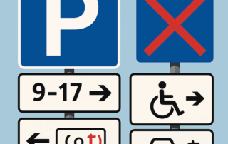 Billede af seks vejskilte monteret på skiltestænger: øverst til venstre et blåt parkeringsskilt med hvidt P og underskilt med “9-17 →”, øverst til højre et blåt forbudsskilt med rødt kryds, midt for til højre et hvidt skilt med kørestolssymbol og pil mod højre, nederst til højre et hvidt skilt med elbilssymbol og ladestik, og nederst til venstre et hvidt underskilt med “(ot)”–bogstavet o sort og t rødt–og pil mod venstre.