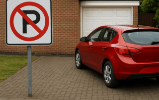 En rød bil parkeret foran en hvid garagedør på en murstensvilla, med et skilt ved fortovet, der viser forbud mod parkering (sort P med rød cirkel og skråstreg).