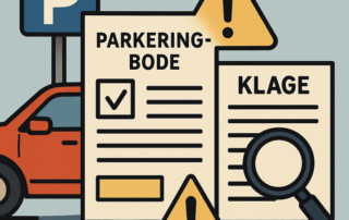 Illustration af en rød bil parkeret ved et blåt P-skilt med foranliggende parkeringsbødeformular prydet af advarselstrekant og et klagedokument med en lup.