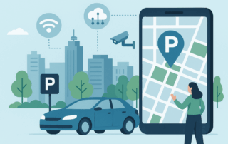 Illustration af en byscene med en parkeret bil ved et P-skilt, trådløse netværks- og cloud-ikoner samt et overvågningskamera, mens en kvinde ser på en smartphone med et kort og en P-markeringspin.