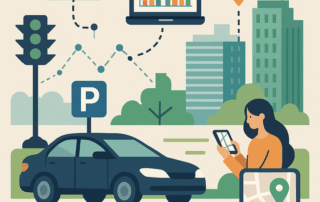Illustration af en byscene med en parkeret bil under et skilt med bogstavet P, en kvinde der holder en smartphone og kigger på et digitalt kort, mens ikoner som et trafiklys på grønt, en sky, en laptop med grafdata og en placeringsmarkør svever over bylandskabet med bygninger og træer.