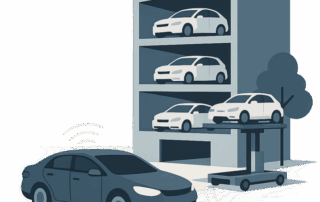 Illustration af et automatisk fleretagers parkeringshus, hvor en mobil elevator løfter en hvid bil ud af strukturen, mens en mørk selvkørende bil med signaler i forgrunden venter.