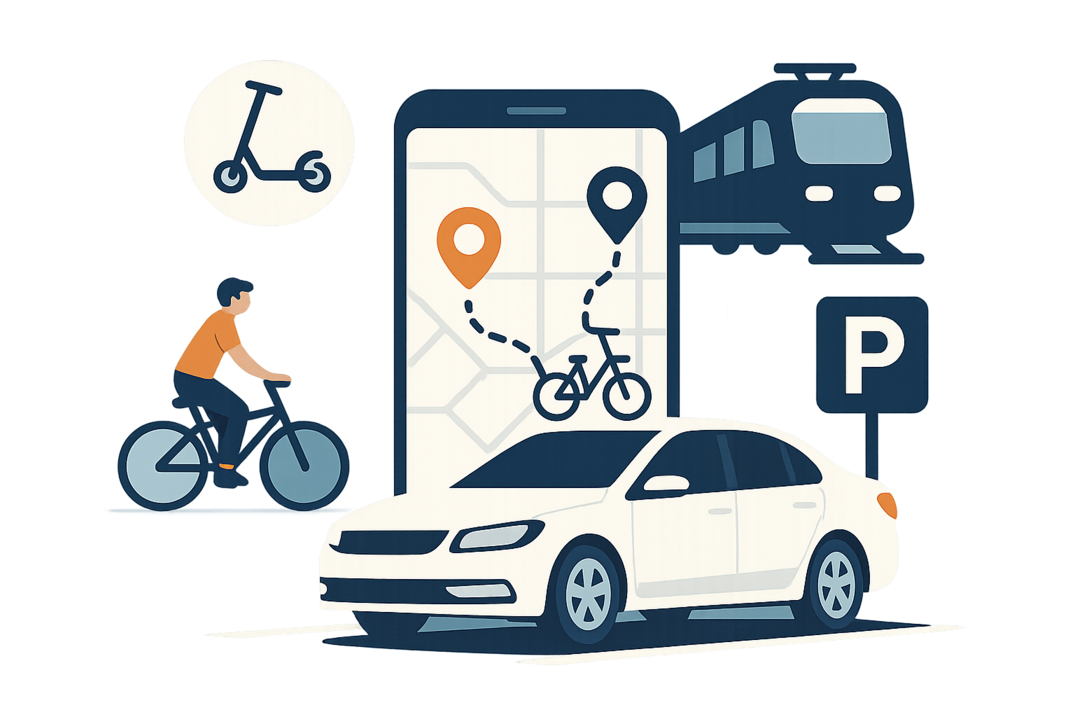 Illustration af forskellige transportmuligheder: en smartphone med kort og rute markering mellem to punkter via cykel, en person der cykler, en bil parkeret ved et P-skilt, et togikon og en el-løbehjælpsikon.