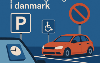 Grafisk illustration med titlen “den store guide til parkeringsregler i danmark” mod blå baggrund, hvor et hvidt P-parkeringsskilt, et handicapskilt og et rødt forbudsskilt står over to orange biler i parkeringsbåse, hvor den ene bil har en parkeringsskive synlig i forruden.