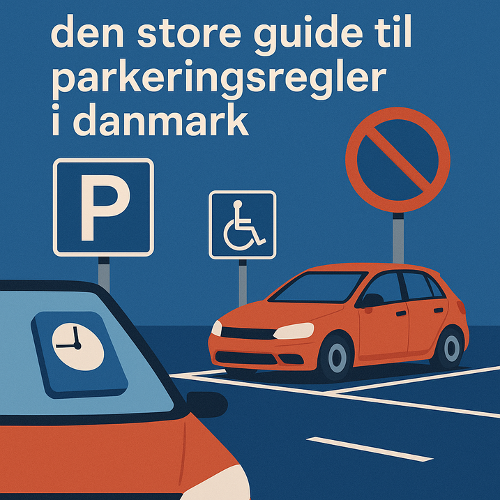 Grafisk illustration med titlen “den store guide til parkeringsregler i danmark” mod blå baggrund, hvor et hvidt P-parkeringsskilt, et handicapskilt og et rødt forbudsskilt står over to orange biler i parkeringsbåse, hvor den ene bil har en parkeringsskive synlig i forruden.