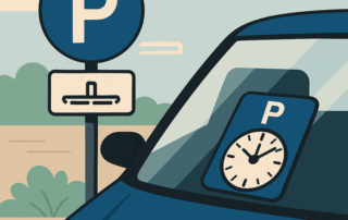 Illustration af en blå bil parkeret ved et parkeringsskilt med bogstavet “P” og et tillægsskilt, hvor en parkeringsskive er synligt placeret på bilens forrude, foran en baggrund med buske og lette skyer.