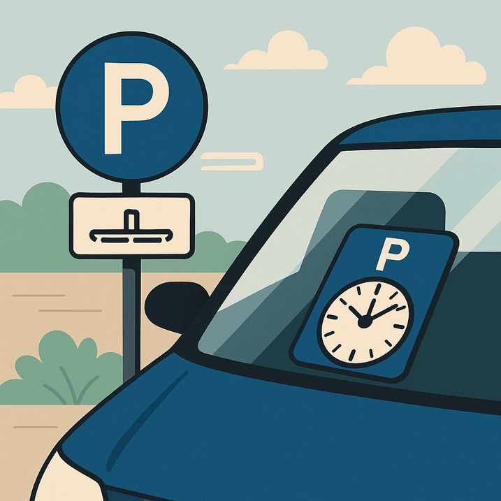 Illustration af en blå bil parkeret ved et parkeringsskilt med bogstavet “P” og et tillægsskilt, hvor en parkeringsskive er synligt placeret på bilens forrude, foran en baggrund med buske og lette skyer.
