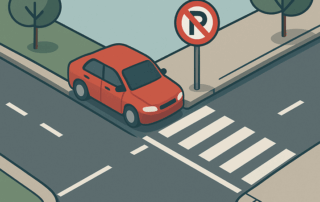 Isometrisk illustration af et vejkryds med fortov, fodgængerfelt, to træer og en rød bil parkeret ved et parkeringsforbudsskilt.