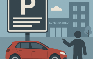 Grafisk illustration af en parkeringsplads med et stort blå-hvidt P-skilt, en rød bil parkeret under skiltet, en pegende silhouet af en person, et supermarked og en fleretagers bygning i baggrunden samt skyer og et træ.