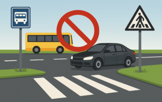 Illustration af en vej med fodgængerfelt, et busstoppestedsskilt, en gul bus i baggrunden og en sort bil forrest med et rødt forbudstegn, der markerer, at biler ikke må standse ved fodgængerfeltet.