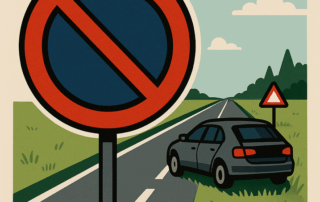Illustration af en landevej med et stort parkeringsforbudsskilt i forgrunden; en grå bil holder delvist parkeret på græsset ved vejens kant, og et trekantet advarselsskilt står længere nede ad vejen omgivet af marker under en lyseblå himmel med skyer.