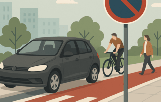 En illustration af en mørk bil parkeret på en rød cykelsti under et parkeringsforbudsskilt, mens en cyklist og en fodgænger passerer i et bymiljø med træer og bygninger i baggrunden.