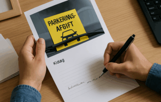 Nærbillede af to hænder på et træbord, hvor den ene holder et dokument med et billede af en gul parkeringsafgift-seddel på en bils forrude, mens den anden skriver på en formular ved siden af en bærbar computer.