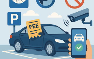 En illustration af en mørkeblå bil parkeret på en markeret p-plads med skiltning: et blåt P-skilt, et ikon af en parkeringsmåler og et rødt forbudsskilt. En gul gebyrbillet med teksten “FEE” hænger ud af bilens vindue. I øverste højre hjørne ses et overvågningskamera med signalbølger. I forgrunden holder en hånd en smartphone, der viser en hvid bil og et grønt flueben på skærmen.