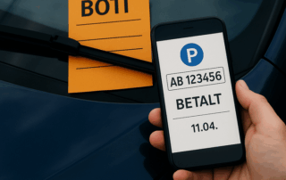 Hånd holder smartphone med parkeringsapp, der viser et blåt P-ikon, nummerplade “AB 123456”, teksten “BETALT” og dato “11.04.”, mens en gul parkeringsbøde ligger under bilens vinduesvisker.