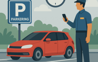 Illustration af en parkeringsvagt, der står med en mobiltelefon ved siden af en rød bil parkeret under et skilt med teksten “PARKERING”, mens et stort ur i baggrunden viser tiden.